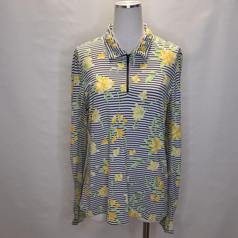 IBKUL Shirt Womens Large Multicolor Floral Stripe 1/4 Zip Golf Long Sleeve